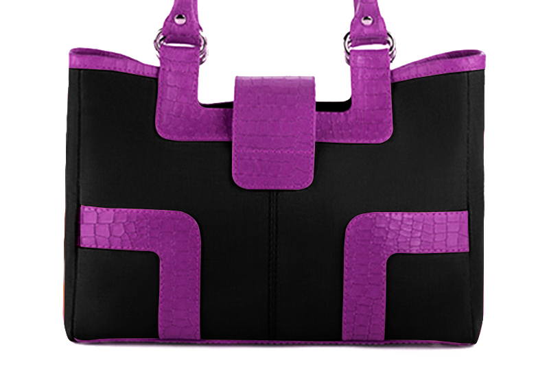 Matt black and mauve purple women's dress handbag, matching pumps and belts. Rear view - Florence KOOIJMAN